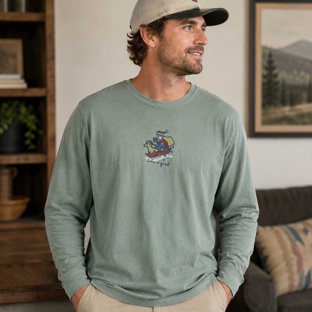 Life is Good Mens Long Sleeve Graphic Tee Sage Green Holiday Sledding Jake Shirt